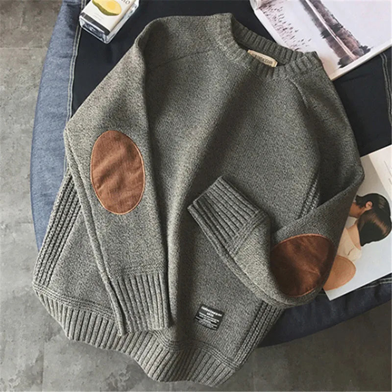 maoxiangshop New Men Pullover Sweater Fashion Patch Designs Knitted Sweatshirt Harajuku Streetwear O Neck Pure Colour Causal Pullovers Top