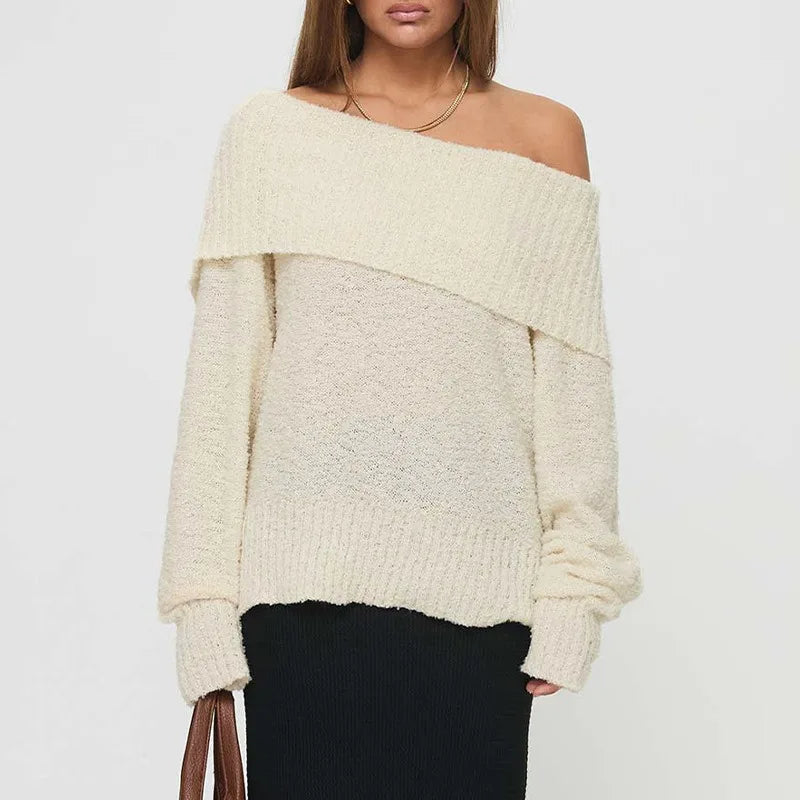 maoxiangshop - One Shoulder Knitted Sweater Women's Sexy Slim Long Sleeve Solid Pullover Top Loose Casual Chic Autumn Street Sweater