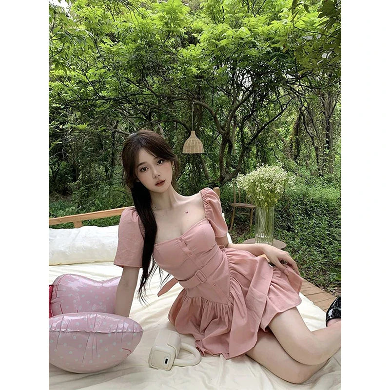maoxiangshop - Y2K Pink Mini Dress Women Sweet Belt Square Collar One Pieces Dresses Party Prom Korean Cute Puff Sleeve Bodycon A Line Vestidos