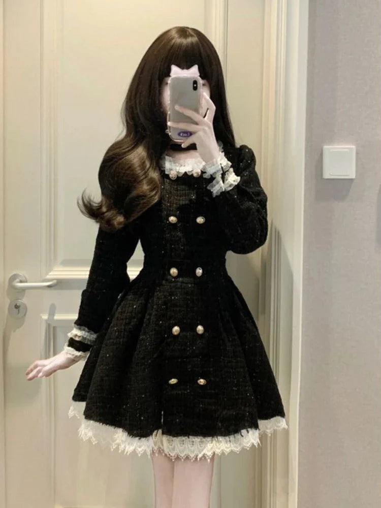 maoxiangshop Autumn black Vintage Dress Women French Style Patchwork Lace Elegant Mini Dress Female Long Sleeve Chic Casual Party Dress