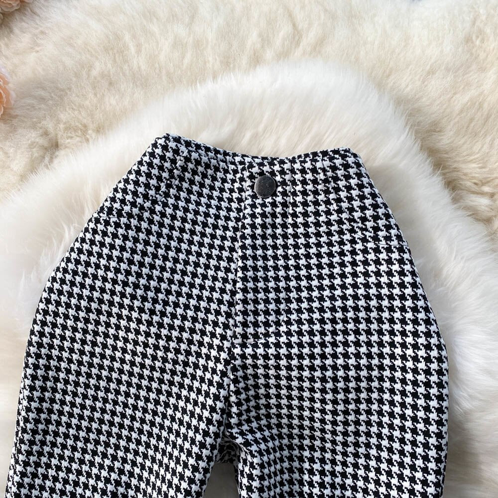 maoxiangshop Houndstooth Print Long Pants High Waist Vintage Long Trousers Women New Spring Autumn Slim Split Hem Casual Female Patns