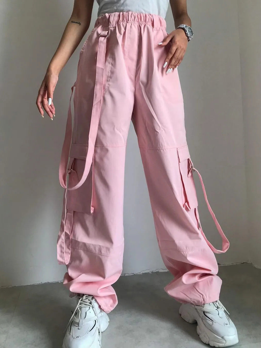 maoxiangshop - High Waist Cargo Pants Women Pocket Loose Pink Fashion Baggy Sweatwear Female Autumn Winter Casual Sweatpants Woman