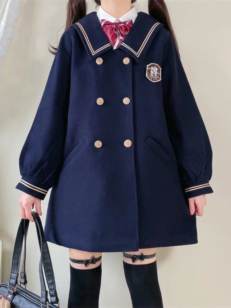 Solid Warm JK Style Girls Wool Blends Long Coats Jacket Winter Metal Single-breasted Sleeve Casual Warmness Outwears
