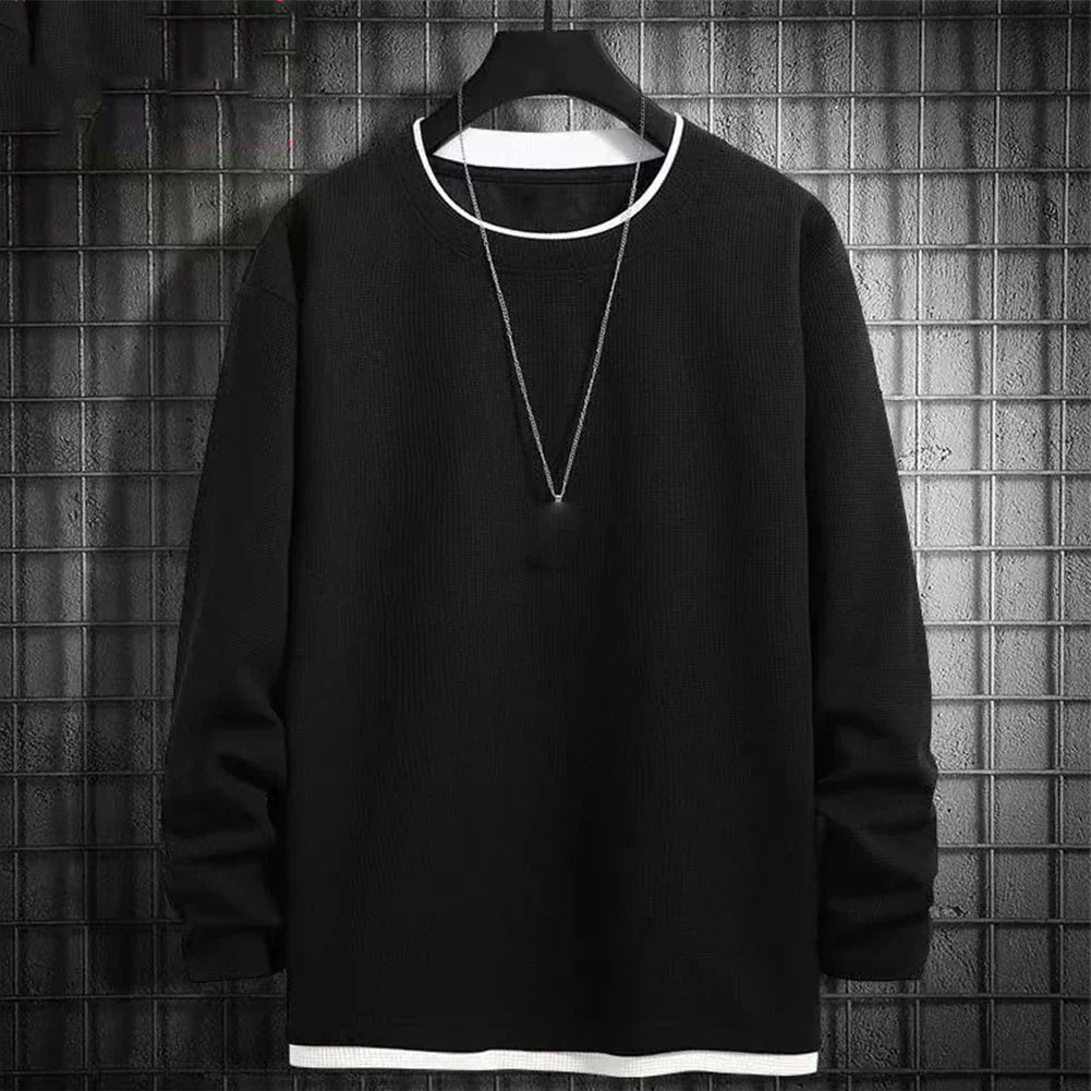 maoxiangshop Autumn Men's Round Neck T-Shirts Fashion Fake-two Pieces Street Long Sleeve T-shirt Sports Athletic Pullover Blouse Tops For Man