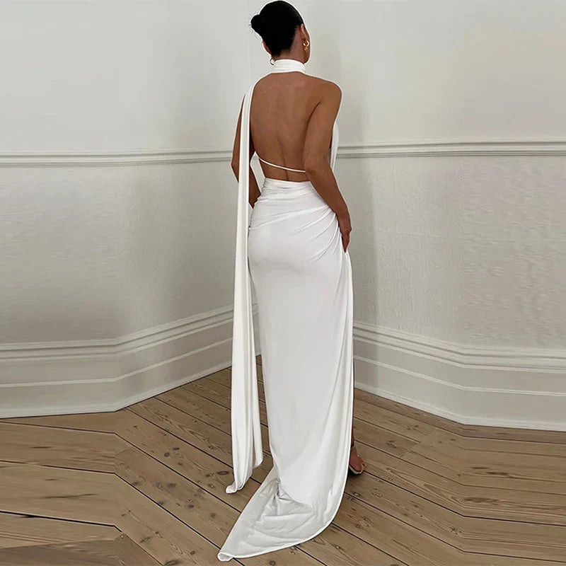 maoxiangshop - Stylish Women Slanted Shoulders Long Dress Newest Hollow Design Luxury Evening Maxi Dress for Female Autumn Sping Party Vestidos