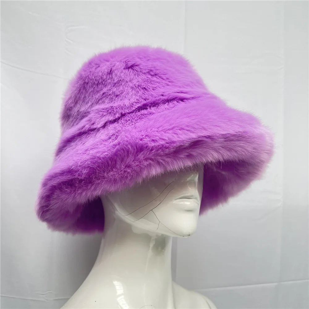 maoxiangshop - Luxury Ins Hot Y2k Girls Faux Fox Fur Bucket Hat Women Winter Warm Rabbit Fur Plush Fisherman Hat Cap Festival Party Ski Panama