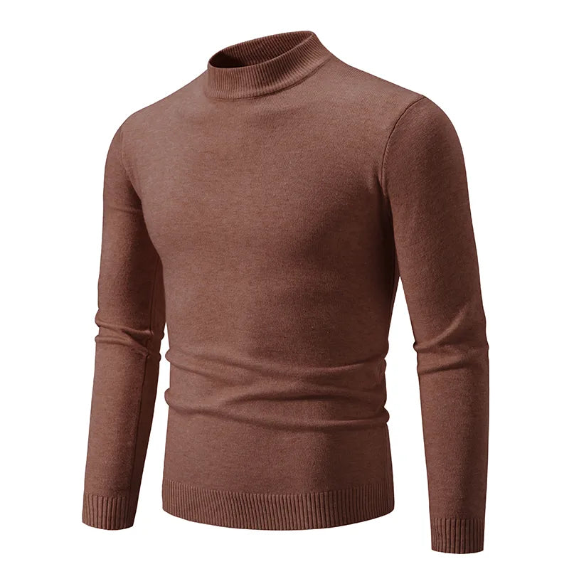 maoxiangshop Autumn New Sweater Men's Half High Neck Basic Solid Color Casual Versatile Round Neck Knit with Slim Fit Elastic Sweater Inside