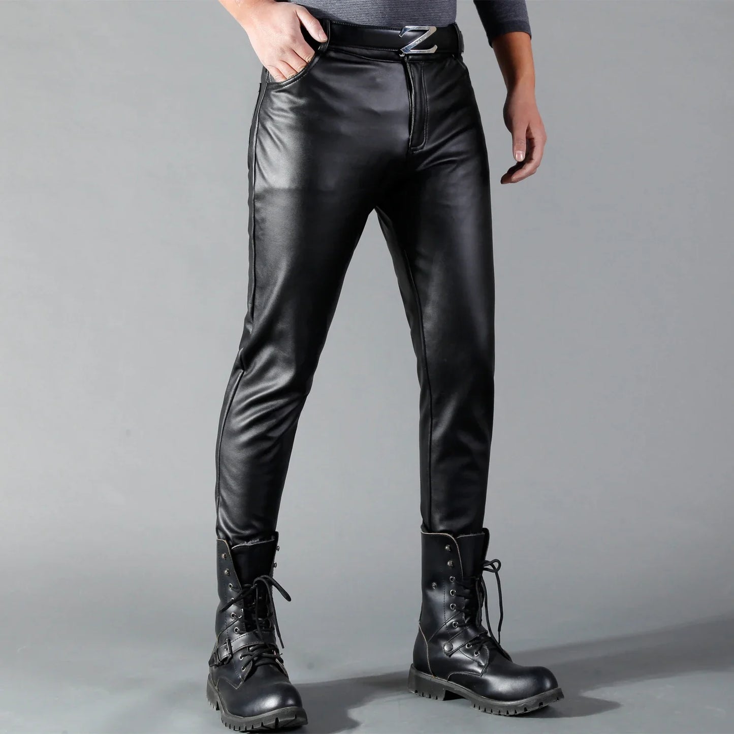 maoxiangshop Men's Leather Pants Skinny Fit Elastic Fashion PU Leather Biker's Trousers Nightclub Party & Dance Pants Thin