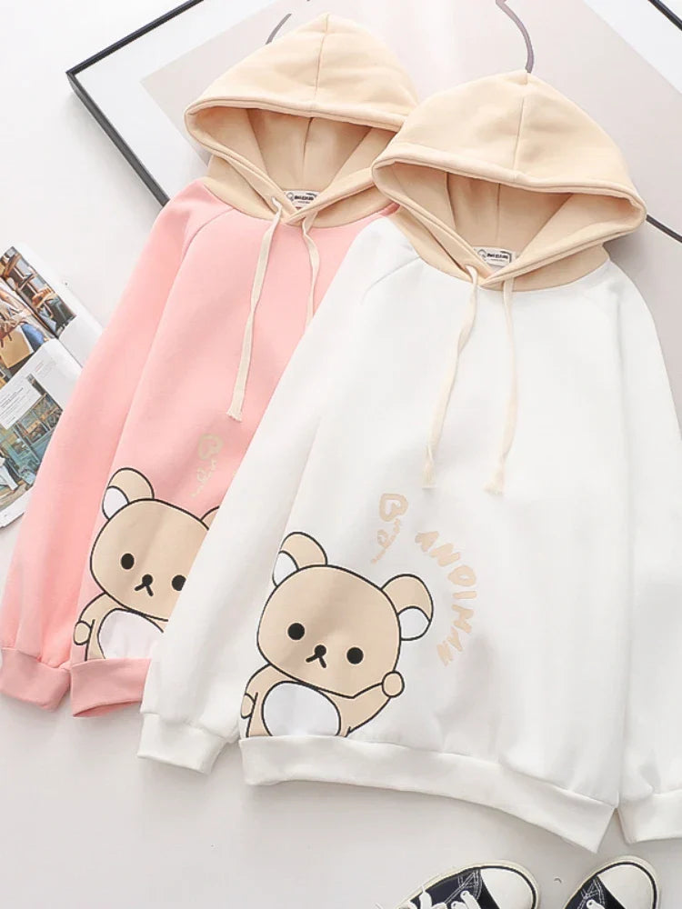 maoxiangshop Harajuku Cartoon Bear Print Kawaii Hoodies Women Winter Long Sleeve Drawstring Fleece Hooded Sweatshirt Female Pullover Top