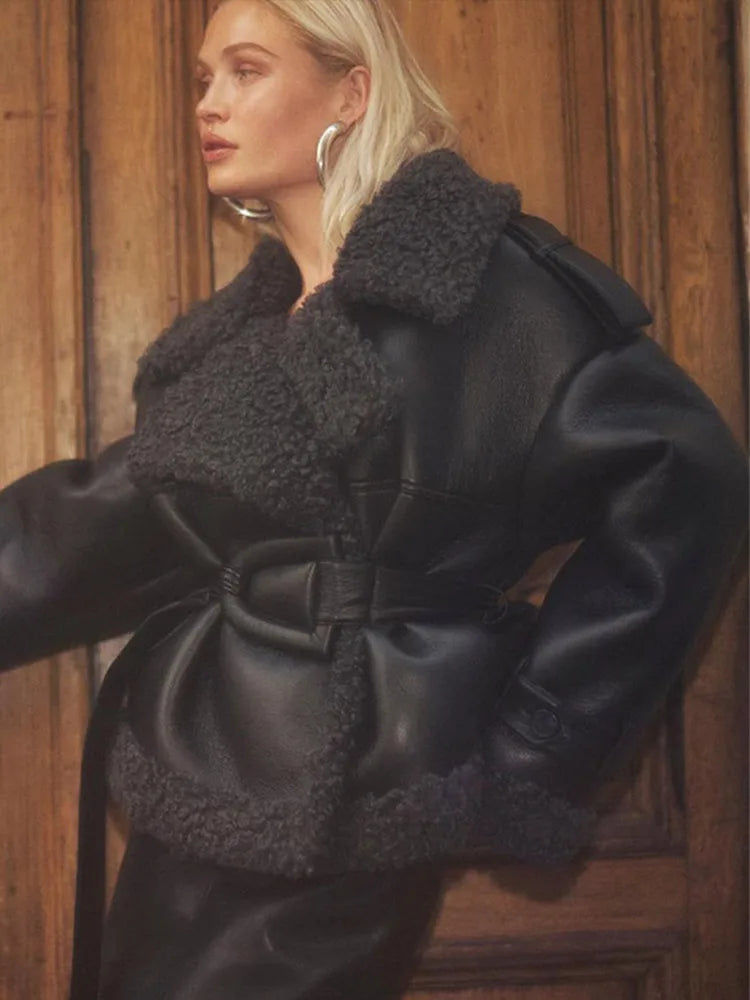 maoxiangshop - Leather Lamb Wool Patchwork Women Jacket Lace Up Stand Collar Solid Women Short Coat 2024 Thicken Autumn Winter Women Overcoat