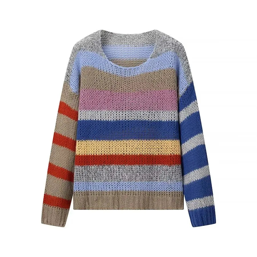 maoxiangshop - Mohair Rainbow Color Knitted Sweater Women Striped Chic Loose O-neck Warm Pullover 2024 Autumn Long Sleeve Street Jumper Tops
