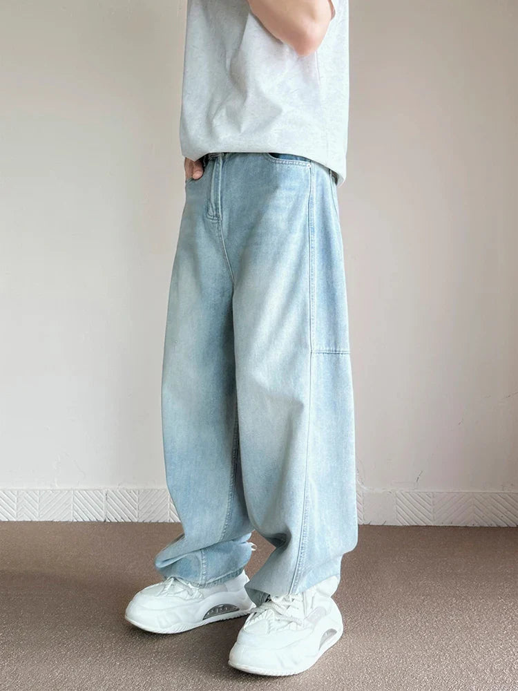 maoxiangshop Korean Fashion Men's Baggy Jeans Light Blue High Street Straight Wide Trousers Personalized Washed Y2k Pants Male