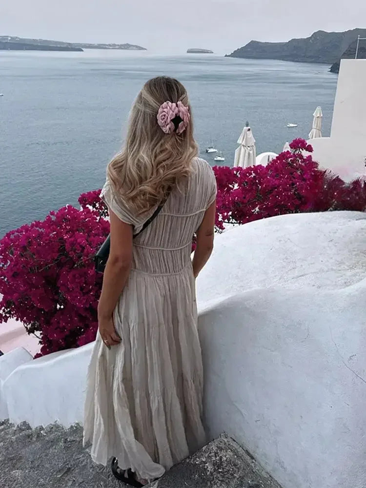 Summer Lady Elegant Pleated Hem Solid Maxi Dress Fashion Short Sleeve Round Neck Robe Casual Women Commuting Office Dresses