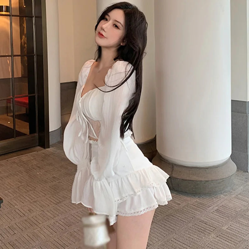 maoxiangshop Casual T Shirts Solid Color Women's Crop Top Ruffles Chiffon Blouse Autumn Outfit Long Sleeve Slim Fit