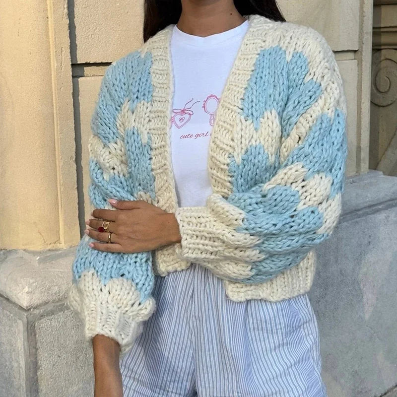 maoxiangshop - Stripe Pattern Cropped Cardigans Vintage Lantern Sleeves Knitted Sweater Aesthetic Y2k Knitwear Coat Women Autumn Outwear Street