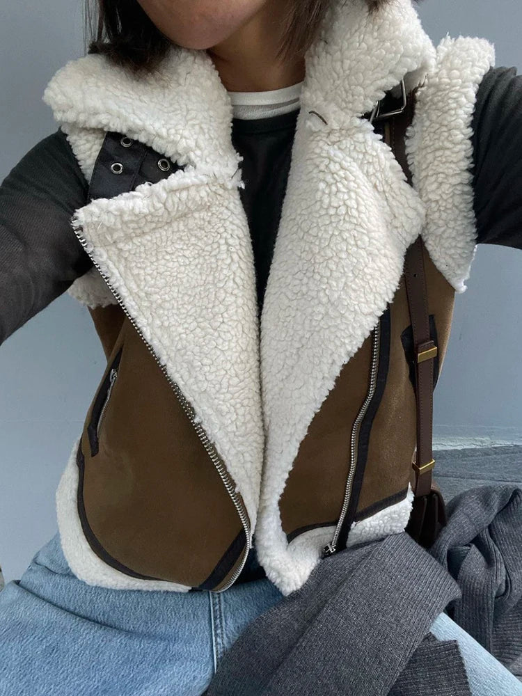 maoxiangshop - Brown Patchwork Pocket Fur Teddy Coats Autumn Sleeveless Thicken Covered Button Cardigan Vest 2023 Female Loose Street Waistcoat