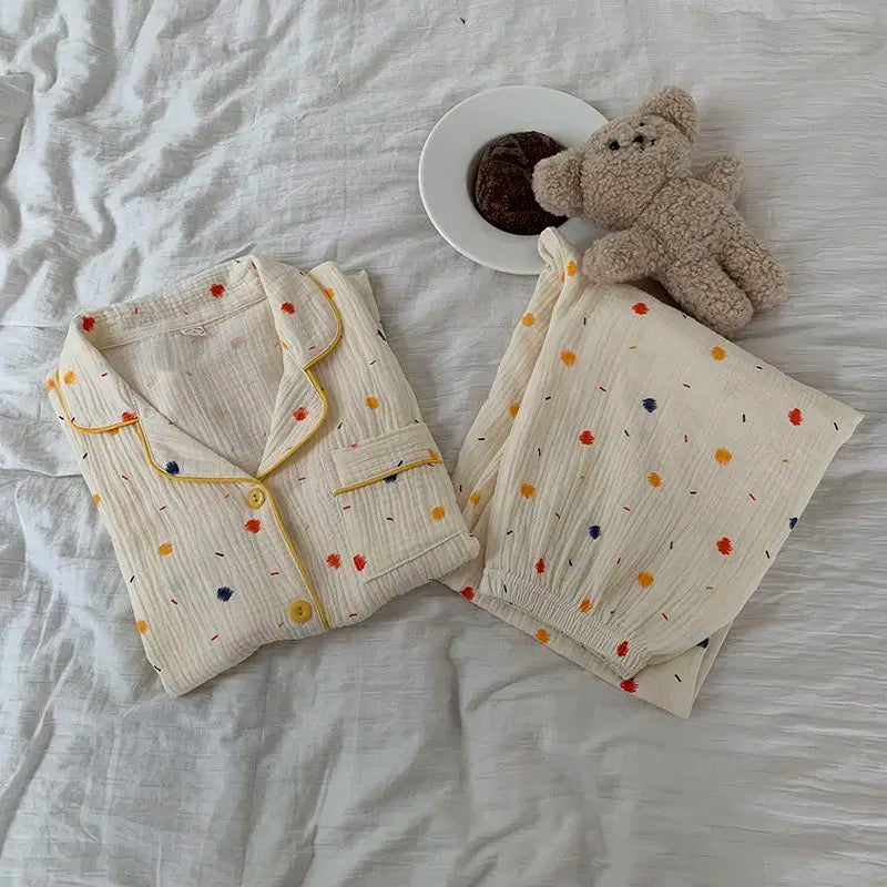 maoxiangshop - Cotton Double-layer Gauze Pajamas For Women's Fashion Cute Carrot Print Long Sleeve Tops + Pant Home Clothing Two-piece Set