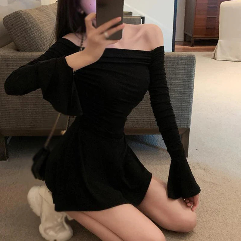 maoxiangshop Off Shoulder Long-Sleeved Dress Spring Autumn Solid Color Pleated Design Slim Fitting Sexy Short Dress Sweet And Spicy