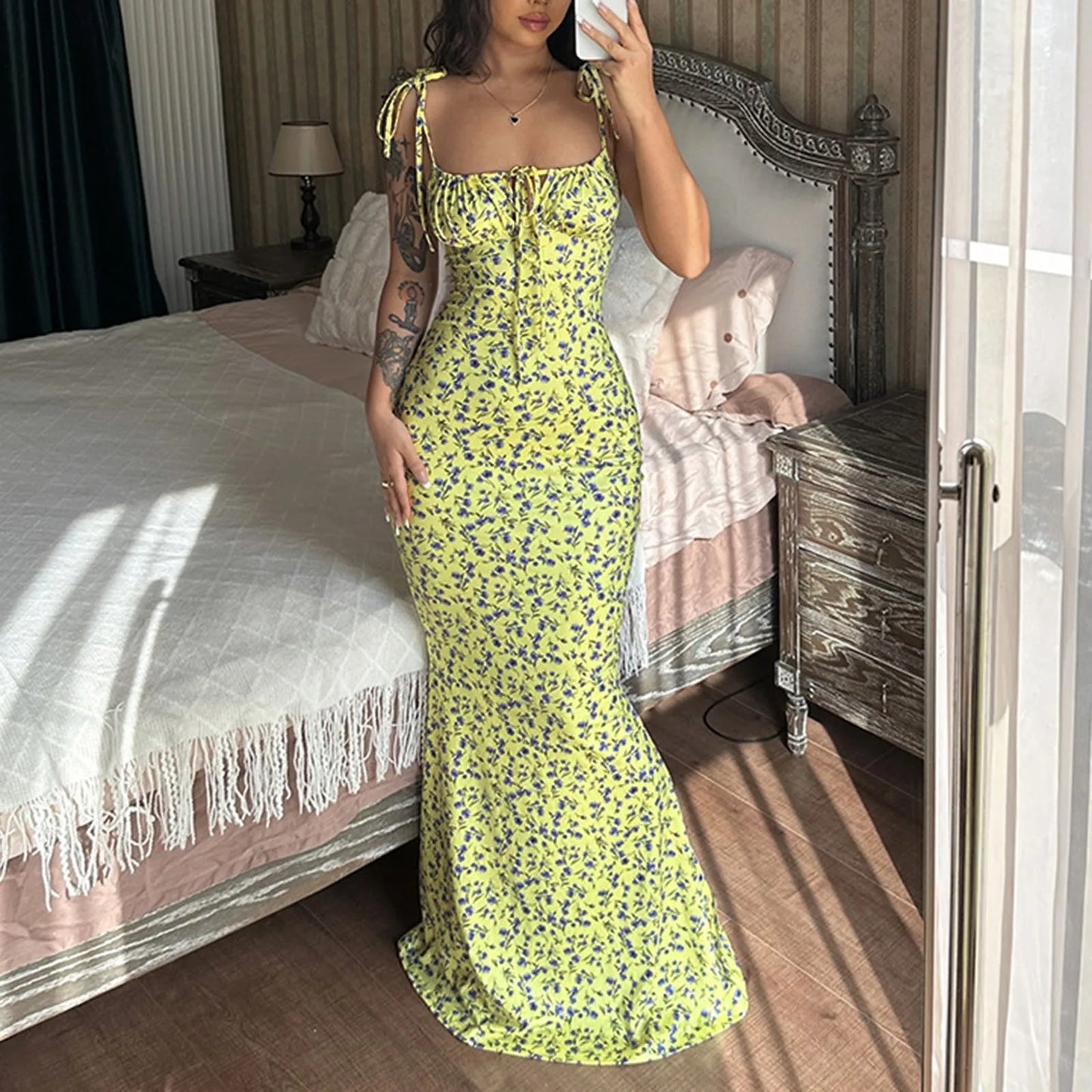 maoxiangshop Backless Slip Floral Maxi Dress Women Summer Trendy Retro Sexy Sleeveless Low Cut Bodycon Beach Party Sundress 2024