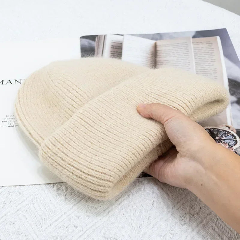 maoxiangshop 21colors Autumn Angola Rabbit Fur Knitted Beanies Winter Skullies Women's Hat Fashion Solid Warm Cashmere Wool Three Fold Thick