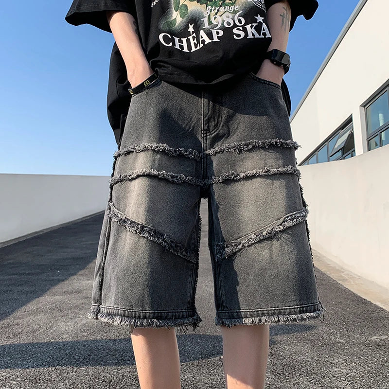 maoxiangshop American High Street Men's Wide Leg Denim Shorts Summer New Fashion Casual Baggy Short Jeans Male Chic Burrs Clothes