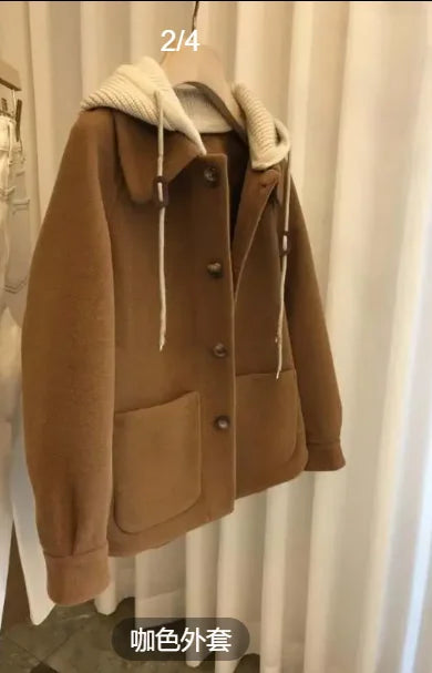 maoxiangshop Women's Spliced Knitted Hooded Coat Korean Drama Female Lead Stitching Coat Oversize 150KG Ins Streetwear Hooded Women Clothing