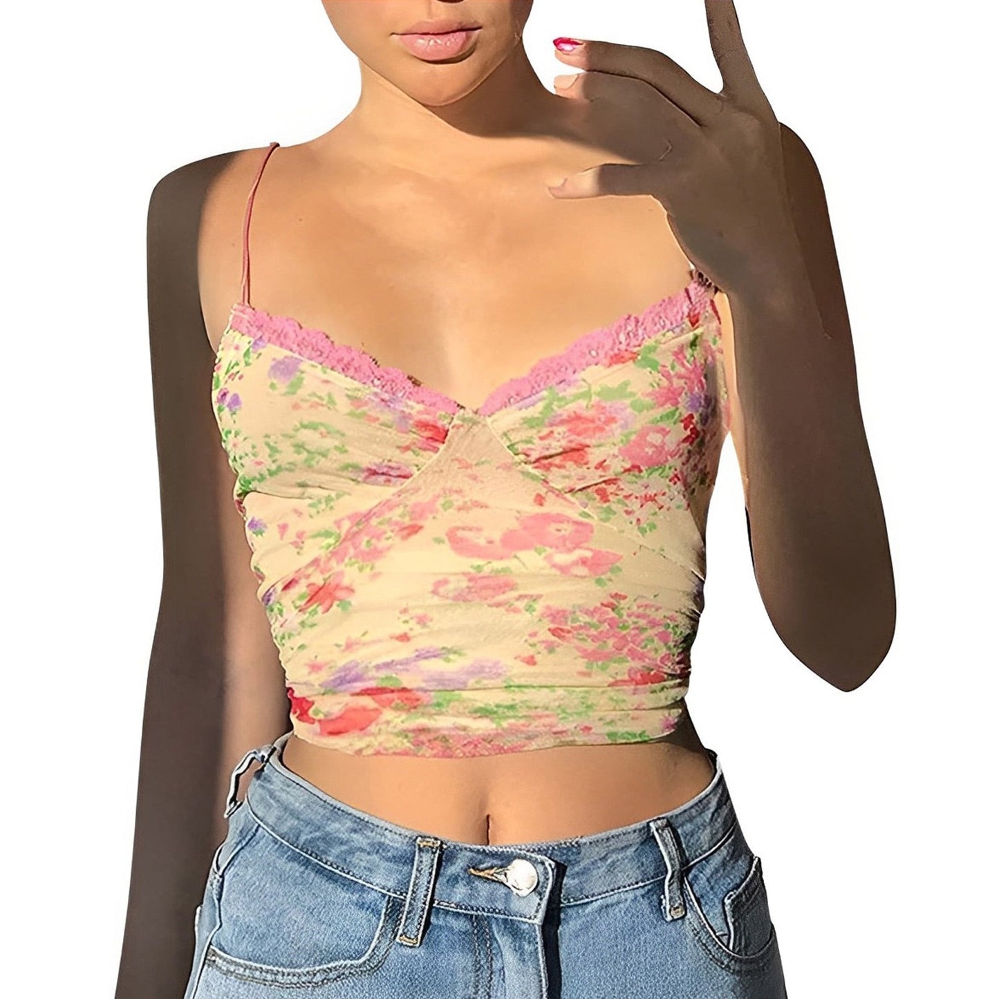 maoxiangshop Rteyno Women s Summer Mini Sling Vest Sleeveless Backless V Neck Lace Trim Floral Camisole