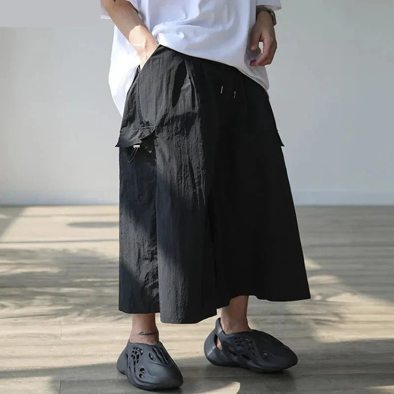 maoxiangshop 2024 Men Wide Leg Pants Elastic Waist Loose Pockets Casual Trousers Men Solid Streetwear Joggers Fashion Cargo Pants
