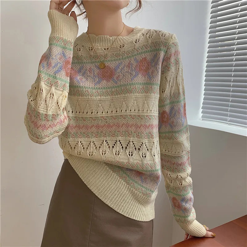 Vintage Print Women Clothes Sweater Hollow Out Long Sleeve Knitted Top Autumn Sweaters Jumpers Pullover Stripe Jersey Mujer