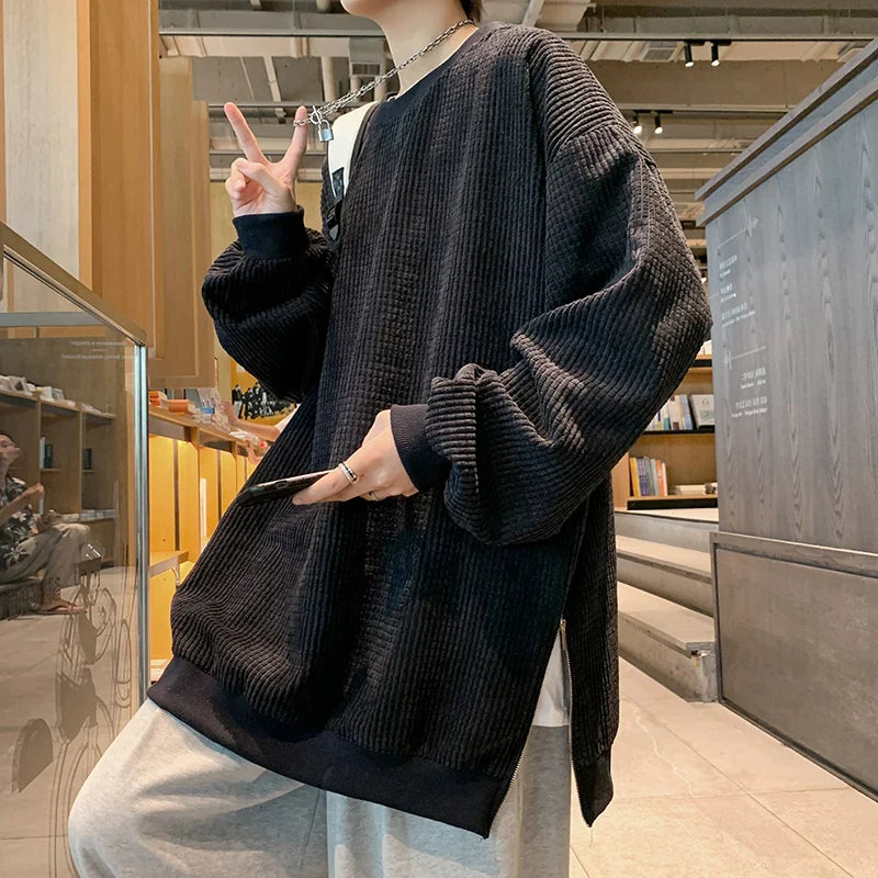 maoxiangshop Waffle Plaid Hoodies Side Zipper Sweatshirts Men Streetwear Solid Color Loose Casual Pullover Hoodies Men Autumn New