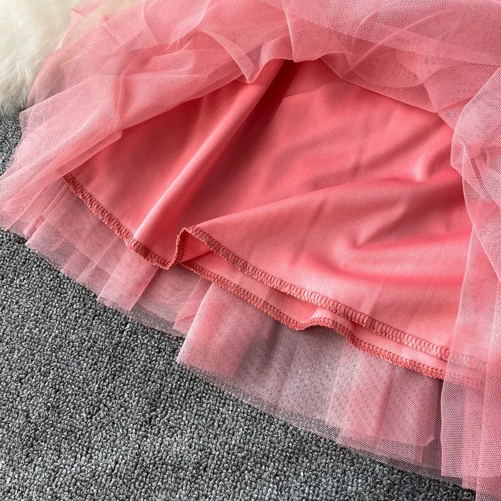 maoxiangshop Sweet Women Mini Skirt Mesh Solid Tierred Ruffles Elastic Waist Women's Clothing Almighty A-line Tulle Skirts Summer
