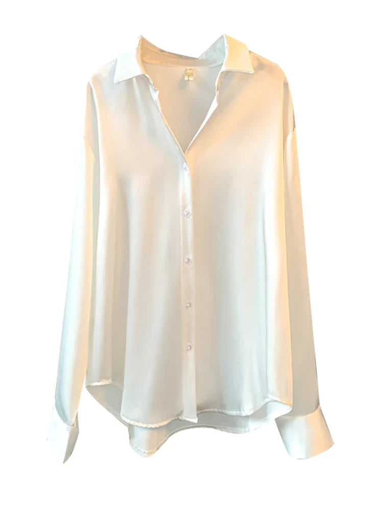 maoxiangshop Office Lady Sheer Top Long Sleeve Shirt Overshirt Satin Shirt Womens Clothing Elegant Women's Luxury Designer Blouses Korean