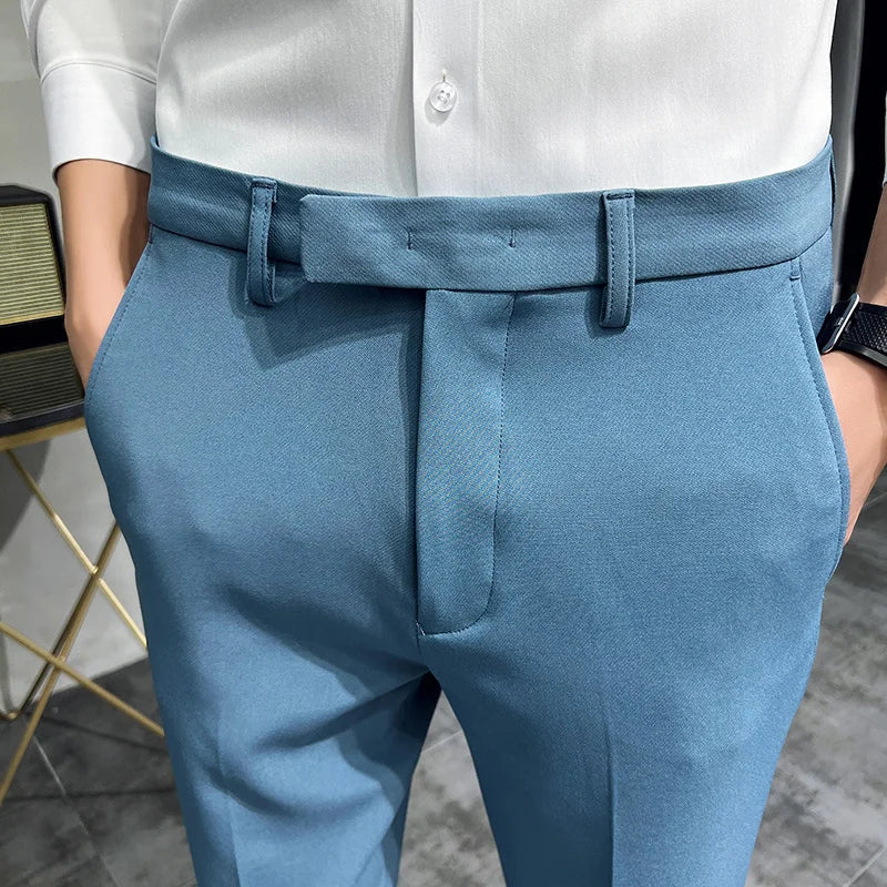 maoxiangshop 2024 Summer Fashion Mens Dark Green Suit Pants Pure Color Business Occupation Slim Fit Dress Office Ankle Trousers