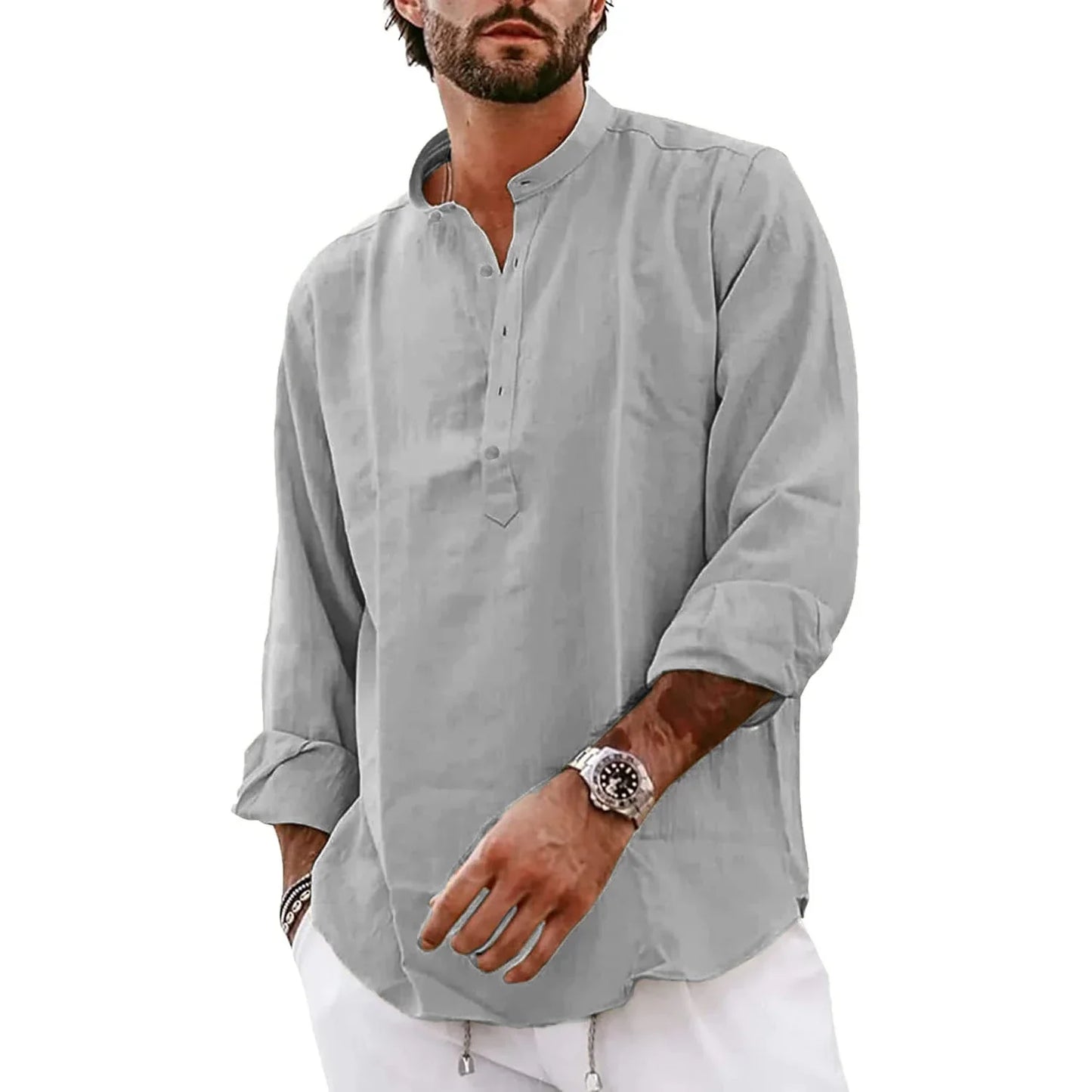 maoxiangshop Streetwear Mens Cotton Linen Shirts Casual Lightweight Long Sleeve Henley Shirts for Men Beach Hawaiian Breathable T Shirts