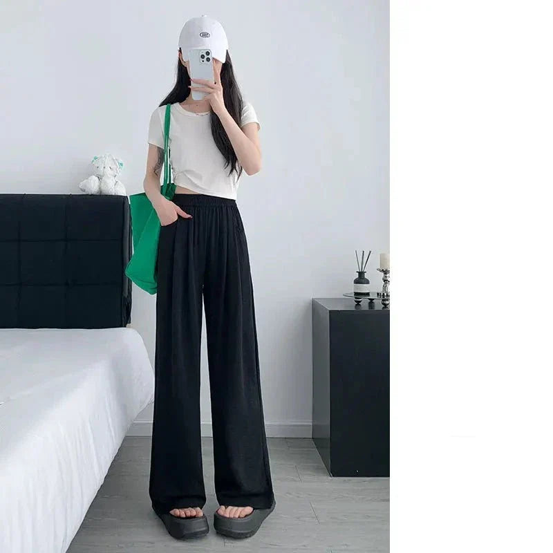 maoxiangshop 2024 Summer New Ice Silk Wide Leg Pants Women Thin Loose Ladies Casual Pants Slimming Y2K Women with Pockets Mop Pants Slim Body