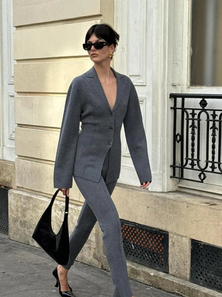 maoxiangshop - Fashion Women Gray Single Breasted Knitted Blazer Elegant Lapel Long Sleeve Slim Coat Autumn Chic Lady Commuting Street Outwear