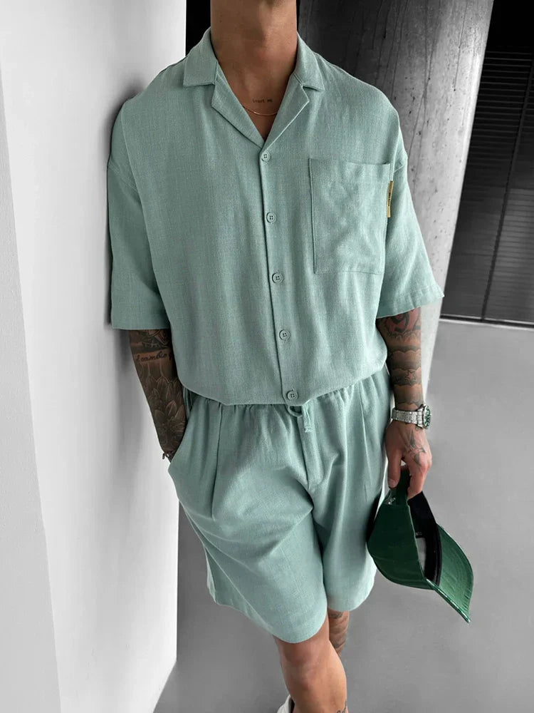 maoxiangshop Streetwear Vintage Mens Shirts Two Piece Outfits Fashion Solid Color Suits Loose Pocket Short Sleeve Shirt And Shorts Men Sets