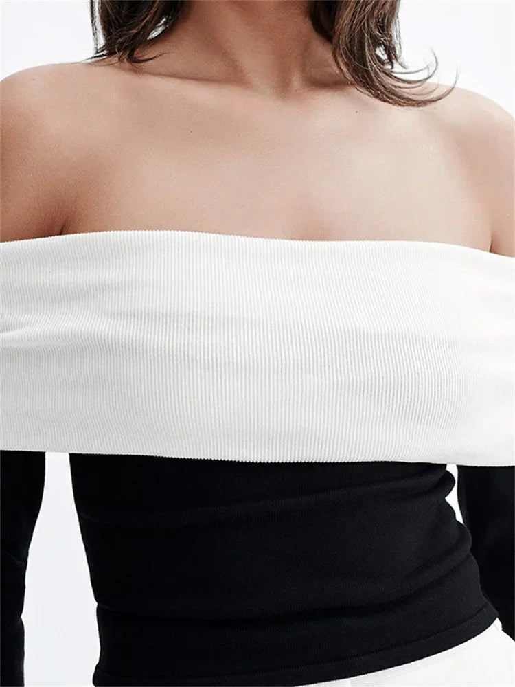 maoxiangshop - Autumn Contrast Off-Shoulder T-shirt Top Women's Patchwork Fashion Contrast Cropped Y2k Top Backless Female Skinny Tee New
