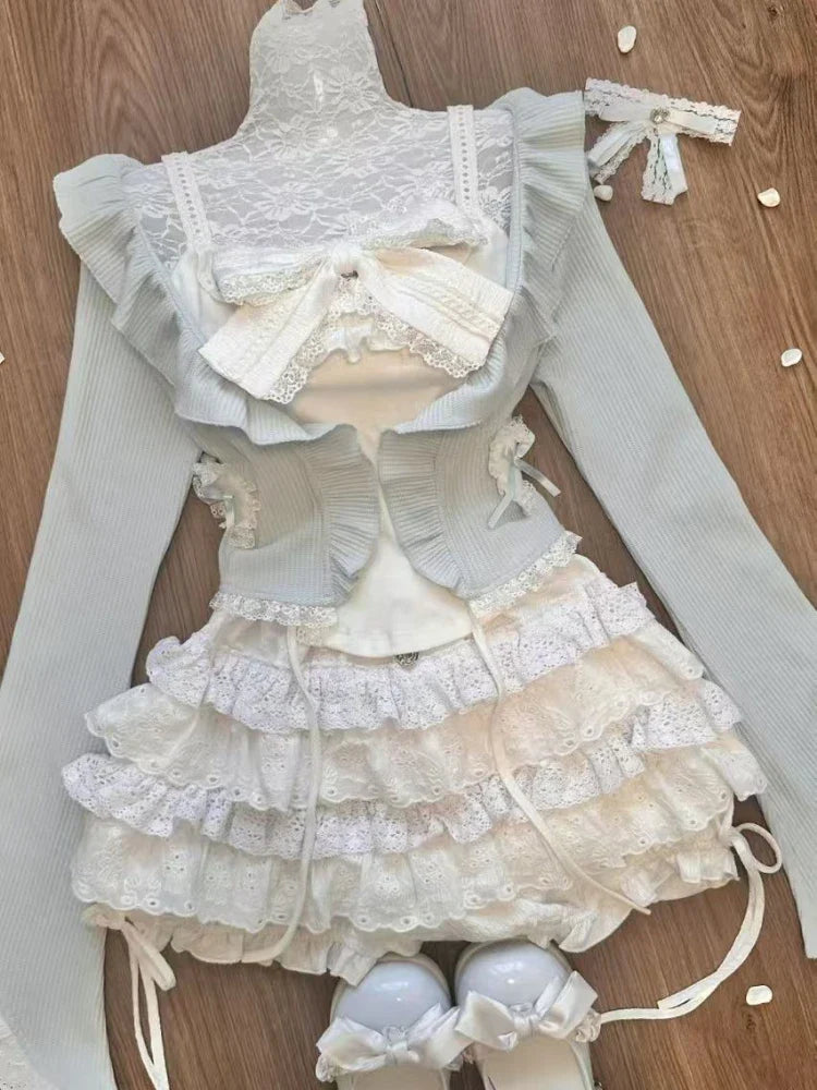 maoxiangshop - Sweet 3 Piece Sets Women Harajuku Ruffled Cardigan + Lace Patchwork Bow Vest + Mini Cake Skirts Cute Y2k Aesthetic Outfits Suit