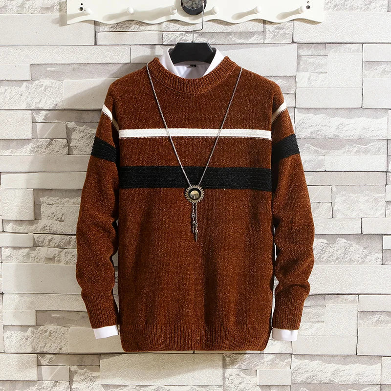 maoxiangshop Autumn and Winter Sweaters Men's Round Neck Stripe Contrast Chenille Elastic Casual Versatile Solid Knit Pullover Top