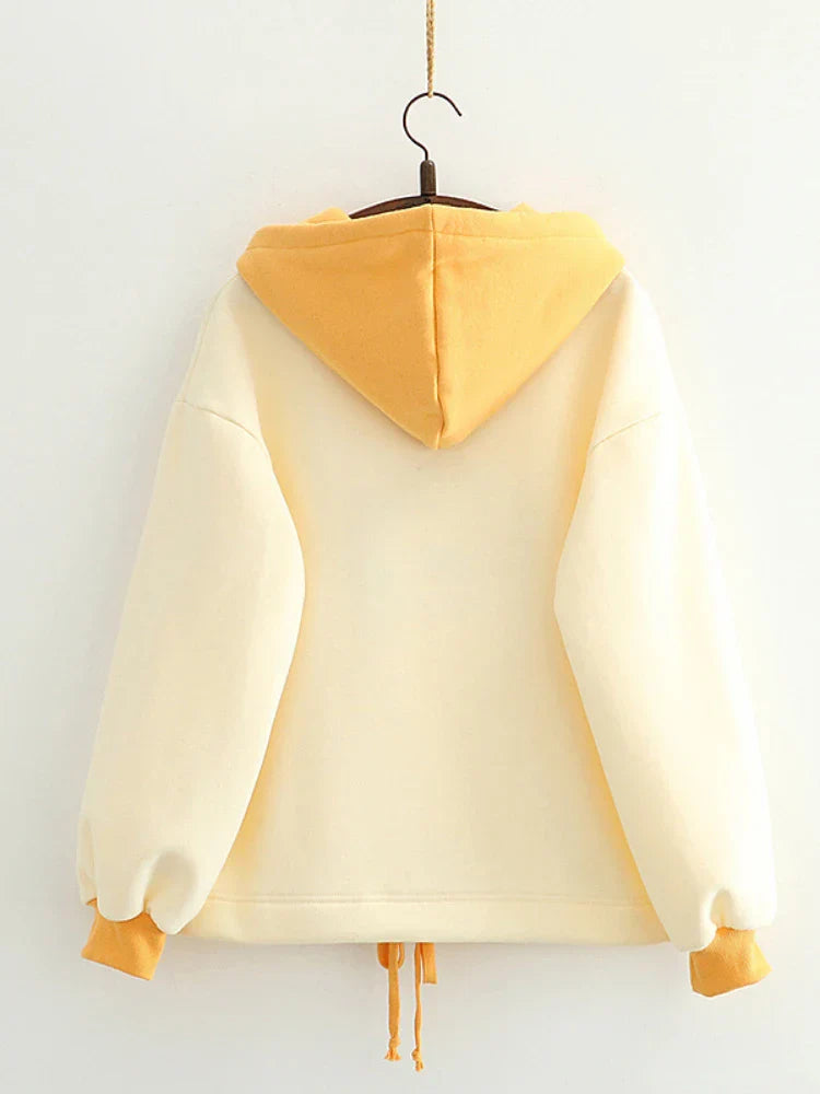 maoxiangshop Fleece Hooded Sweatshirt Winter Cartoon Dog Embroidery Hoodies Women Casual Long Sleeve Pullover Loose Tracksuit Female
