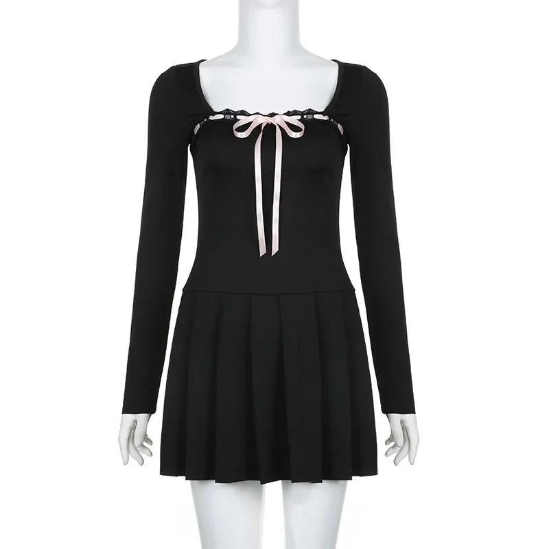 maoxiangshop Women Sweet Lace Trim Bow Pleated Dress Mini Coquette Korean Fashion Square Neck Autumn Dress Clothes Kawaii Lolita