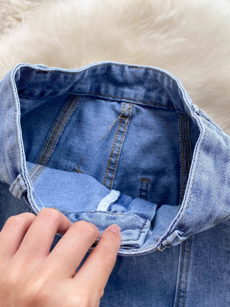 maoxiangshop Women Jeans Summer Blue Denim Trouser High Waist Ripped Holes Straight Leg Full Length Pants Casual Street Clothes