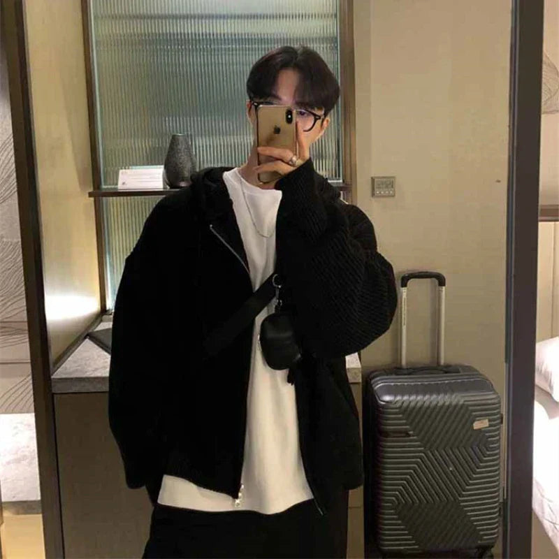 maoxiangshop Winter Sweater Cardigan Men Warm Oversized Knitted Hooded Sweater Coat Men Korean Loose Cardigan Sweater Mens Jumper Clothes
