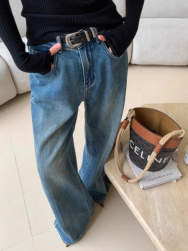 maoxiangshop - Blue Washed Casual Jeans Women'S Autumn And Winter New Straight Leg Loose Wide Leg Pants Long Pants
