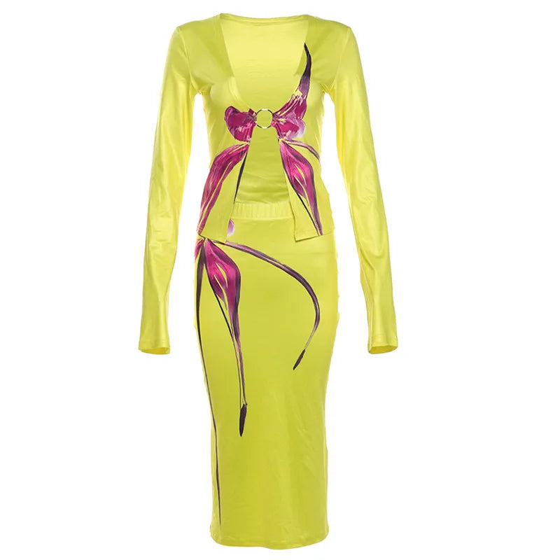 maoxiangshop - Fresh Ladies Holiday Dress Set Autumn Yellow Printed Long-Sleeved Cardigan & Sexy Bust Skirt