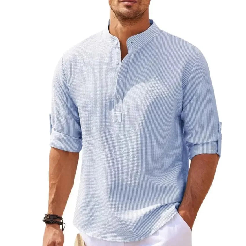 maoxiangshop Cotton Linen Hot Sale Men's Long-Sleeved Shirts Spring Autumn Solid Color Stand-Up Collar Casual Beach Style Plus Size S-5XL