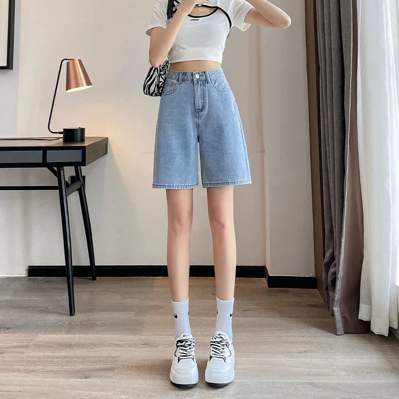 maoxiangshop Y2k Baggy Shorts Pants Women Summer Vintage Blue Wide Leg Denim Short Korean Fashion Casual Female Knee Length Jeans Mujer