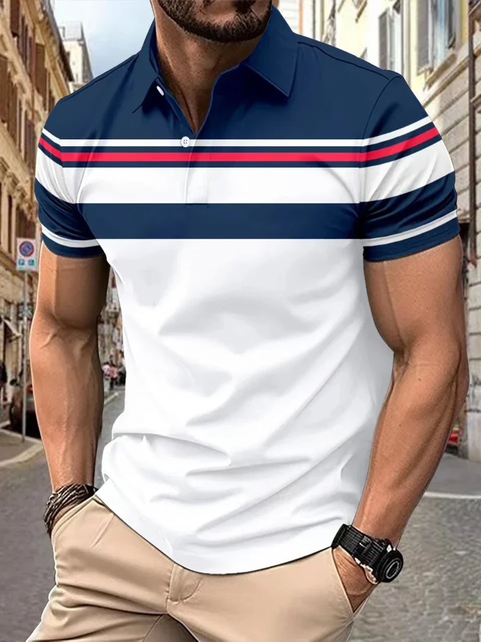 maoxiangshop 2024 Summer Best-Selling Men's Polo Shirt Lapel Printed Men's Clothing Stripes Polo Shirt Casual Sports Men's Shirt