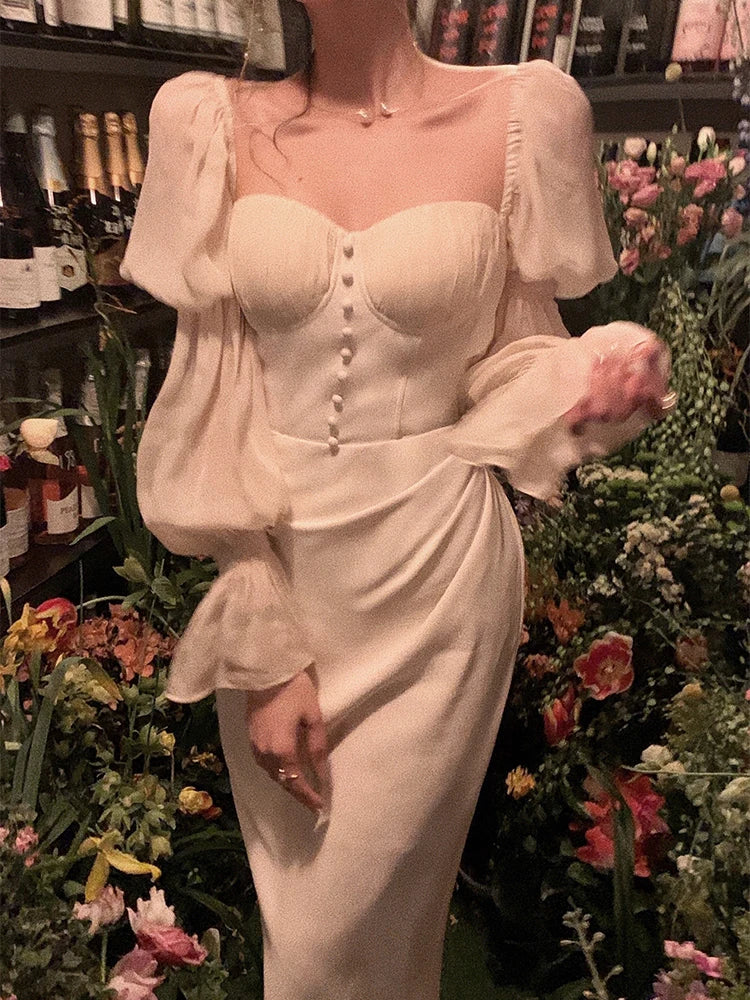 Vintage Women Fashion Elegant Puff Sleeve Midi Corset Maxi Dresses Evening Prom Female Party Lady Clothes Vestdios Summer